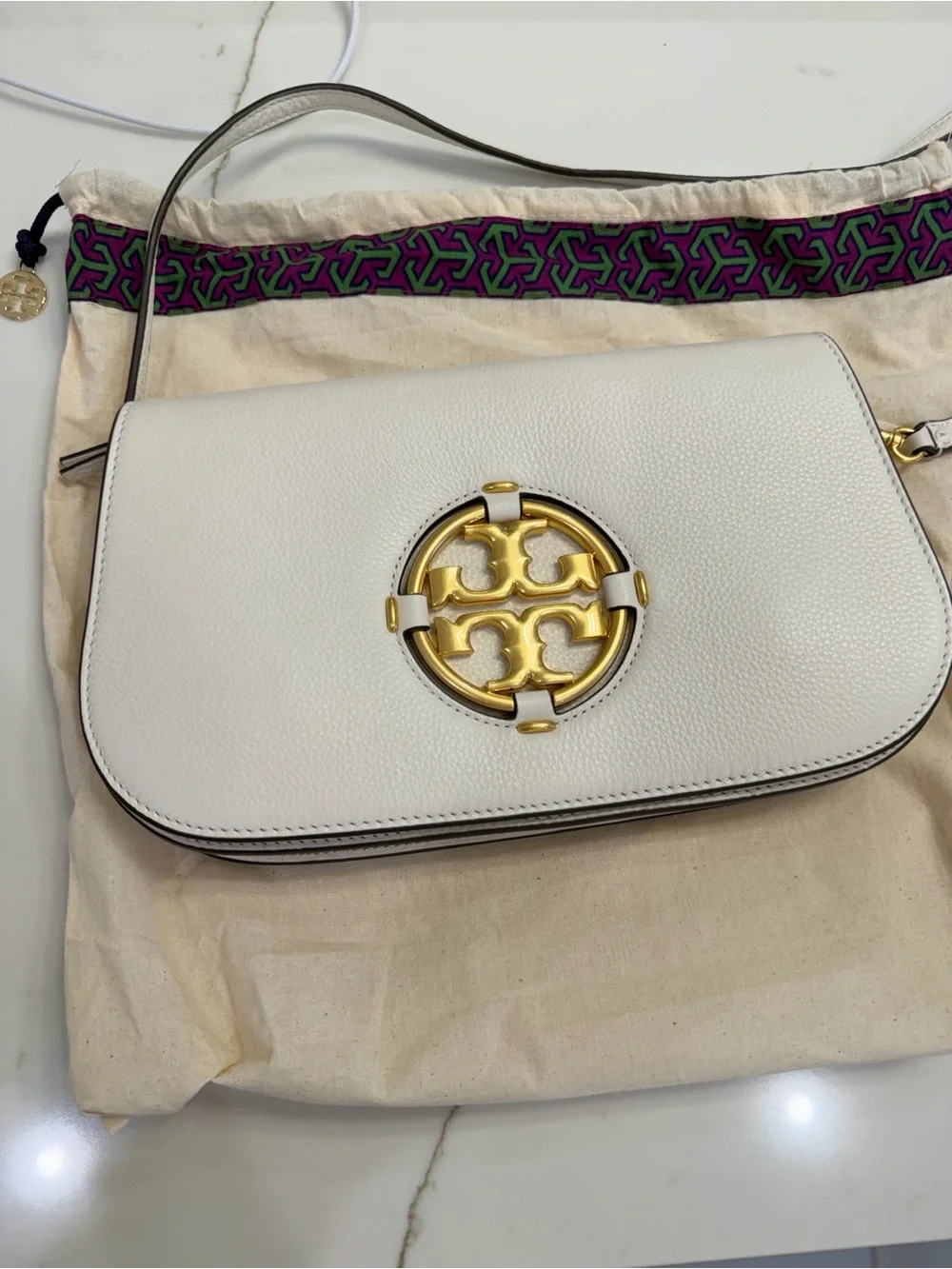 Tory Burch White Leather Crossbody with Gold Emblem